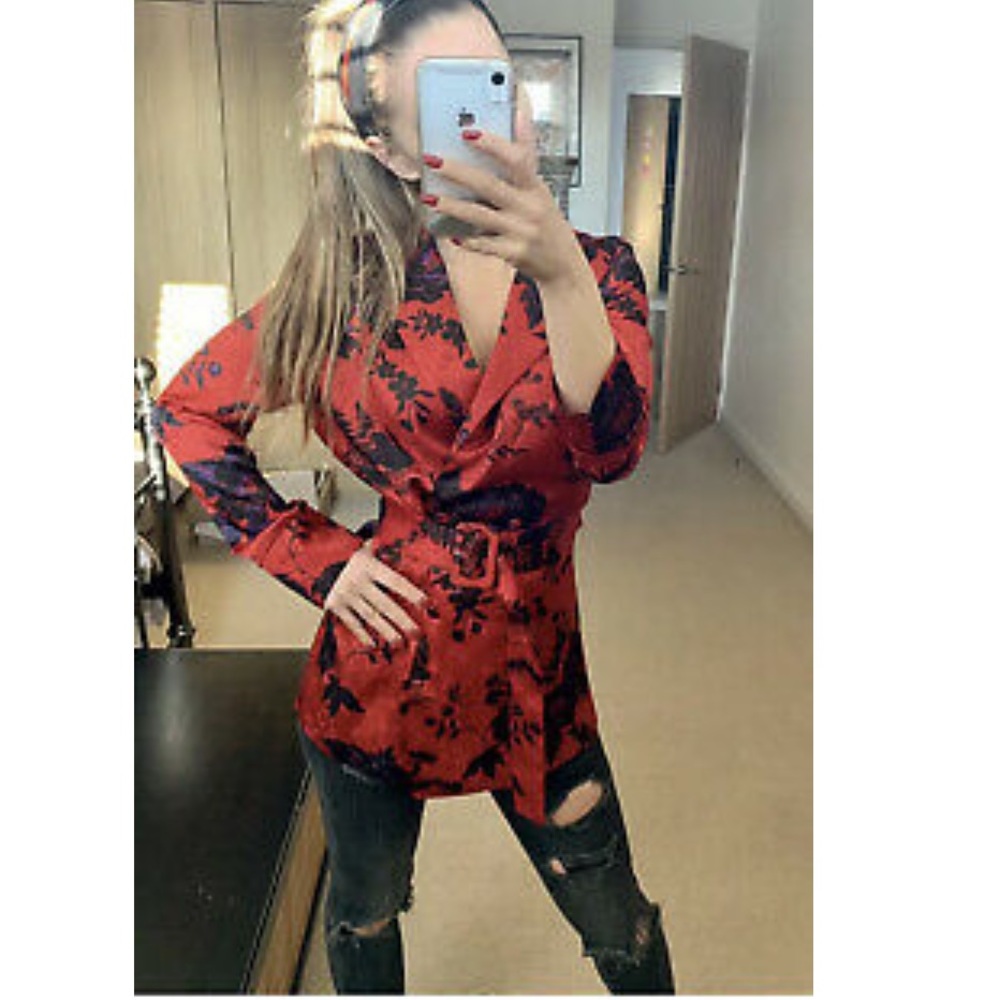 ZARA NEW ORIENTAL PRINTED BLOUSE WITH BELT RED